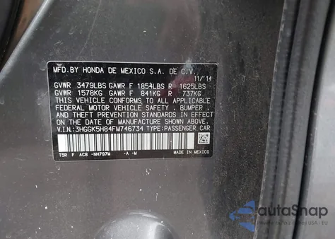 2015 Honda Fit Ex/Ex-L из США, поврежденный, VIN 3HGGK5H84FM746734